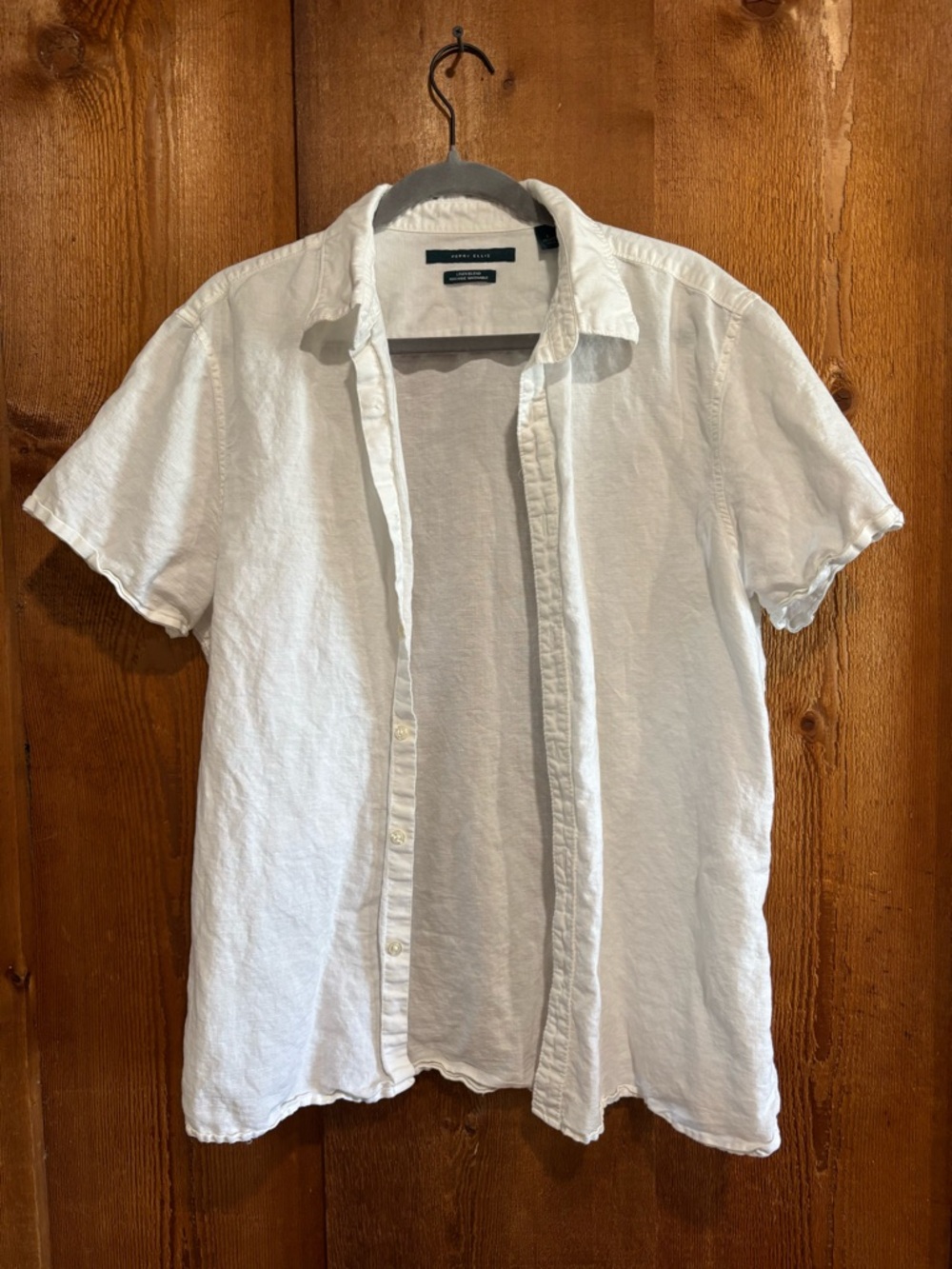 Perry Ellis Linen Cotton Blend Classic Button Down White Short Sleeve Large L